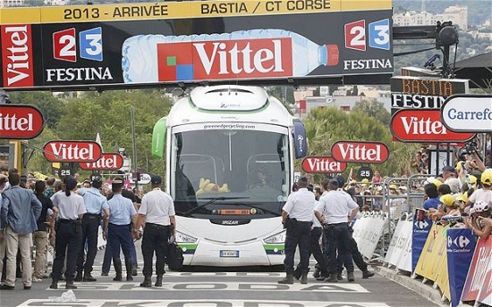 Orica Green Edge Bus Stuck under the Finish Line on Stage 1